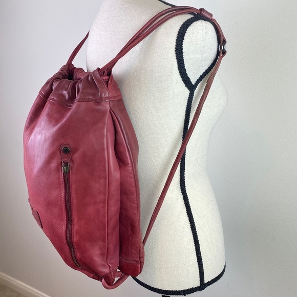 Aunts & Uncles Red Leather Drawstring Backpack Purse - Picture 4 of 16